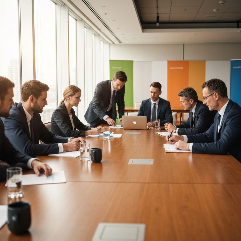 Inversores privados y empresarios en reunión estratégica discutiendo planificación financiera