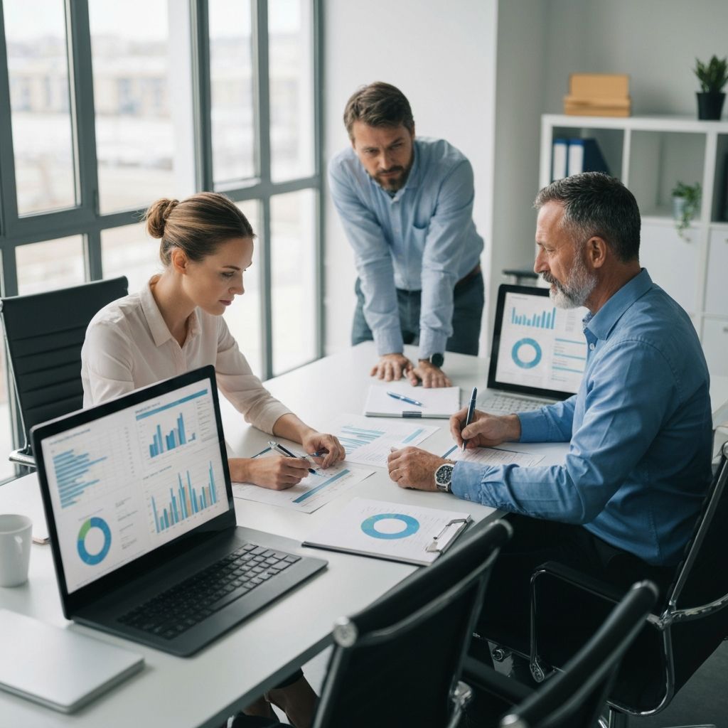 Equipo de profesionales financieros analizando reportes y datos de presupuesto